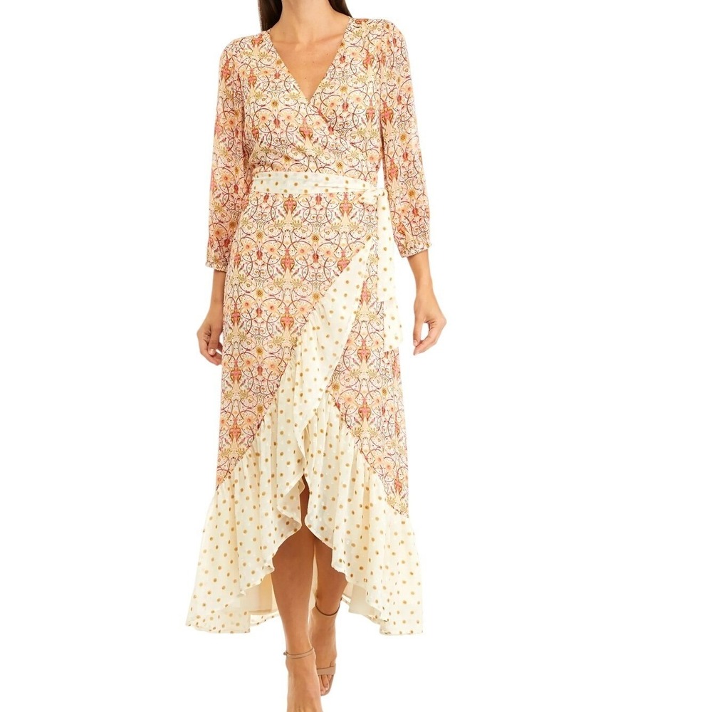 Biltmore Ivory Floral Print Ruffle Wrap Maxi Dress Women L new boho Cottagecore